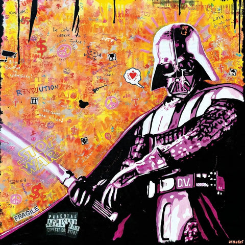 Painting of dart vader with a sword in front of a wall