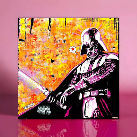 Painting of darth vader with a sword on a pink surface