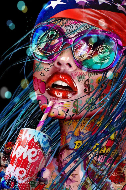 A close up of a woman with a drink and a hat