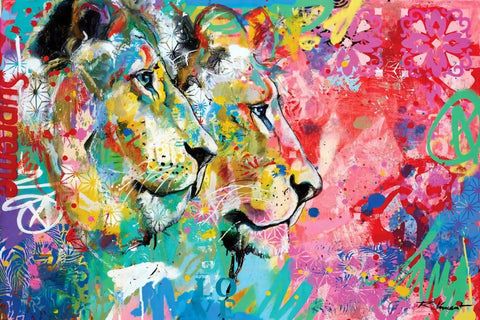 A painting of a lion with colorful paint strokes