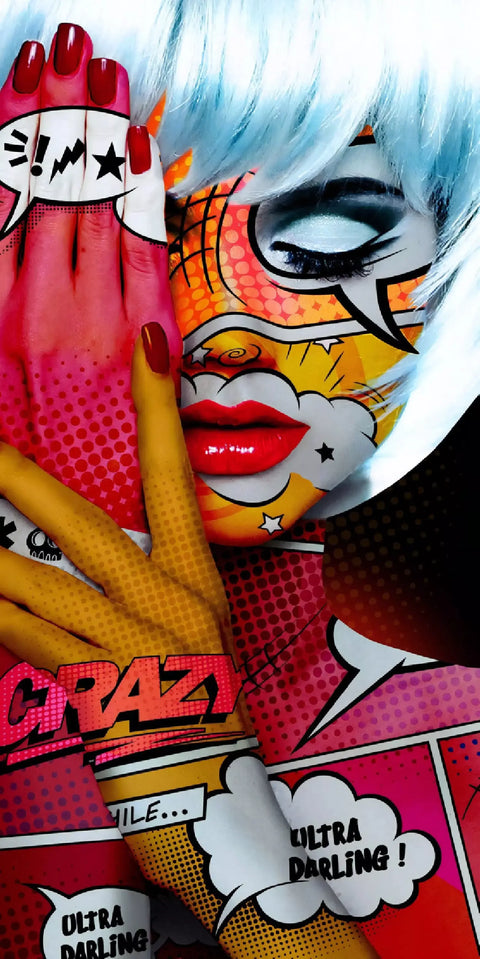 A woman with a colorful face and a red lipstick