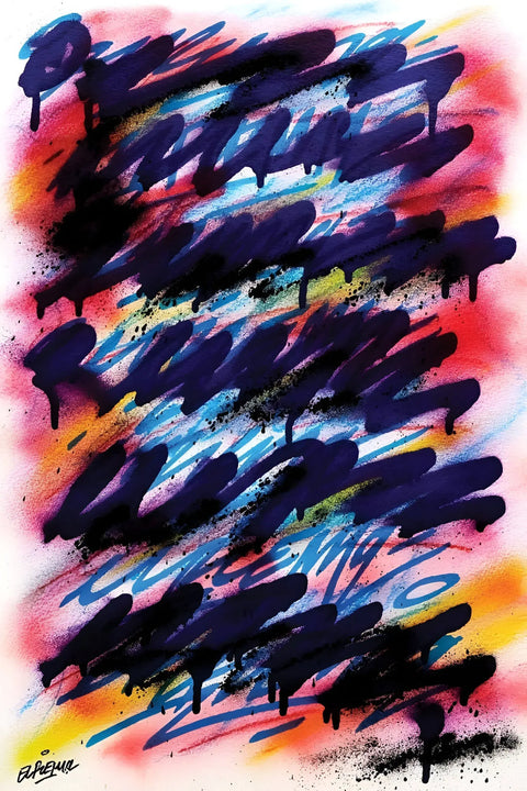 Abstract brush strokes in blue, pink and yellow