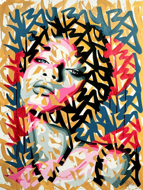 A painting of a woman with a pink and blue face