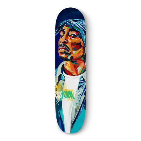 Colorful, abstract-style portrait painted on a skateboard deck.