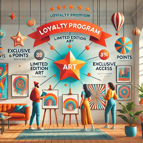 Colorful promotional display for an art-focused loyalty program featuring various artistic elements and rewards.
