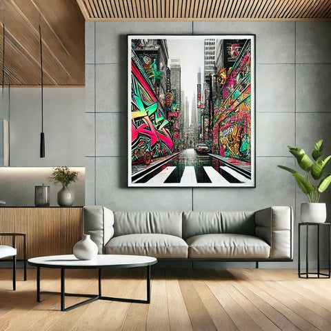 Framed artwork depicting a colorful, graffiti-style urban street scene with a crosswalk in the foreground.