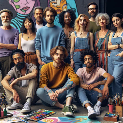 Group of diverse people posing together in front of a colorful mural.