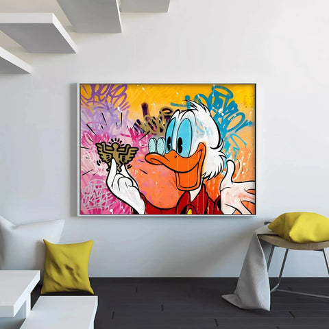 Colorful pop art painting of Donald Duck holding money in a cartoon collection.