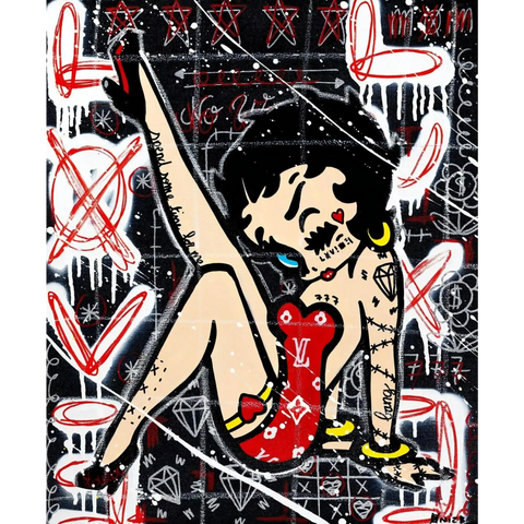 A painting of a woman with a red dress