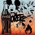 A poster with a cartoon character and a coca bottle