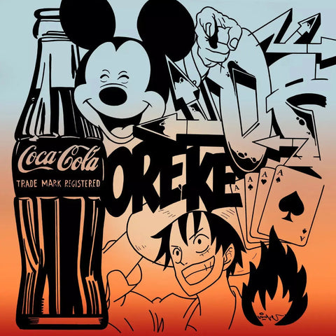 A poster with a cartoon character and a coca bottle