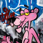 A pinky graffiti art piece on a wall