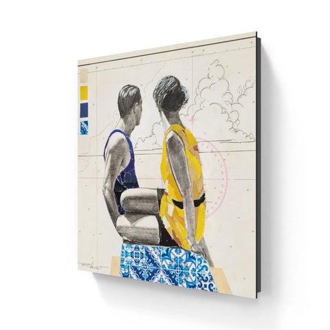 A square-framed artwork depicting two figures in swimwear against a backdrop of architectural plans and blue patterned tiles.