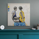 A modern abstract painting featuring two figures in swimwear, rendered with bold strokes and a palette of blue, yellow, and gray on a textured canvas.