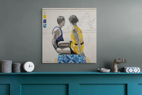 A modern abstract painting featuring two figures in swimwear, rendered with bold strokes and a palette of blue, yellow, and gray on a textured canvas.