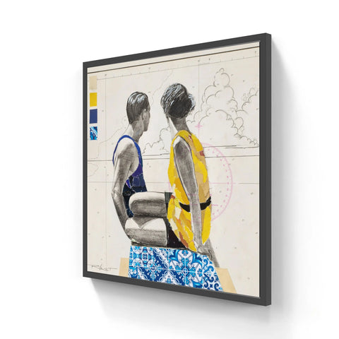 A framed artwork depicting two figures in swimwear against a backdrop of architectural plans and blue patterned tiles.