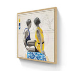 Square-framed artwork depicting two figures in swimwear against a backdrop of architectural plans and blue patterned tiles.