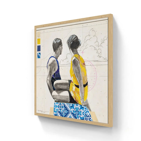 Square-framed artwork depicting two figures in swimwear against a backdrop of architectural plans and blue patterned tiles.