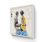 White-framed artwork depicting two figures in athletic attire against a backdrop of architectural plans and blue patterned tiles.