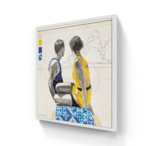 White-framed artwork depicting two figures in athletic attire against a backdrop of architectural plans and blue patterned tiles.