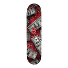 A skateboard deck featuring a vibrant red design with scattered black-and-white $100 bills and repeating louis vuitton monogram patterns, accented by a central supreme logo on a popsicle stick.