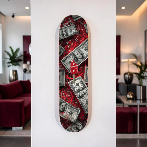 Red skateboard deck featuring a bold pattern of black-and-white $100 bills overlaid with repeating louis vuitton monogram motifs and accented by a small red supreme logo sticker near the top.