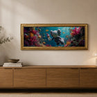 A framed original aluminium artwork titled australia great barrier kweam featuring a gray plush toy underwater