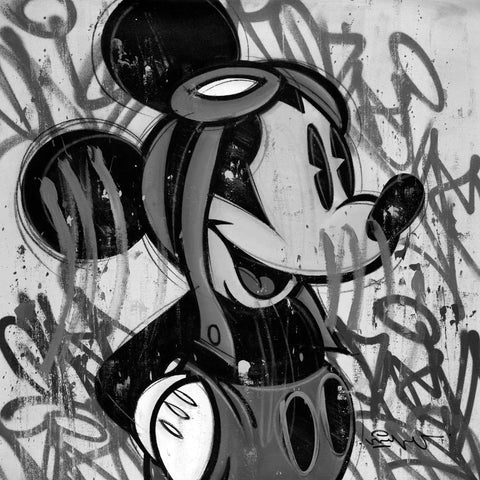 A mickey mouse with graffiti on it
