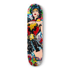 Colorful skateboard deck featuring a vibrant pop art-style superhero design.