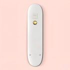 White electronic device resembling a sleek, elongated remote control with a small circular button.