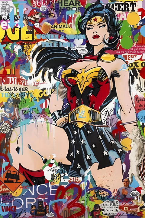 Pop art Wonder Woman graphic with graffiti and comic book elements