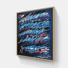 A framed painting of blue and red paint strokes