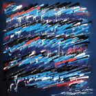 A painting of blue and red paint strokes