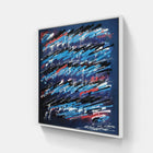 A painting on a wall with a blue and red abstract painting