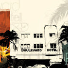 Art deco-style hotel facade with palm trees and neon-like elements in a stylized urban scene.