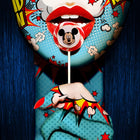 Bright red lips holding a Mickey Mouse lollipop.