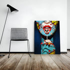 Pop art-style canvas featuring red lips, a skull, and comic book elements.