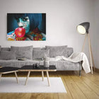 A living room with a couch and a painting on the wall