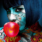 A woman with blue hair and a red balloon