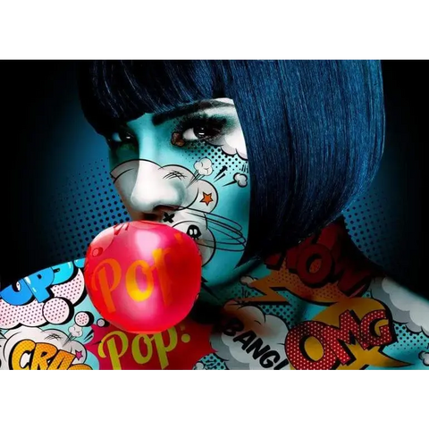 A woman with blue hair and a red balloon
