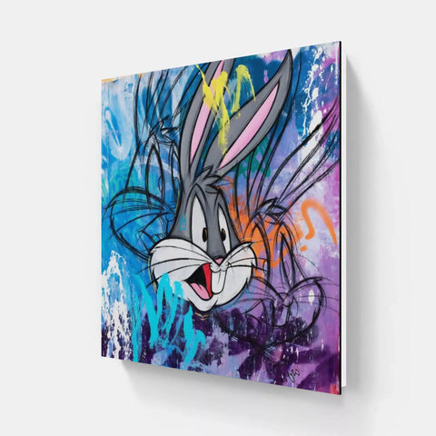 A close up of a painting of a rabbit with a colorful background