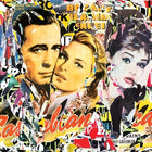 A close up of a collage of posters on a wall