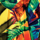 Vibrant, abstract chameleon composed of colorful geometric shapes and patterns.