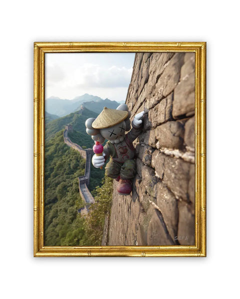 A kweam kaws-style plush toy wearing a straw hat and holding a pink balloon on the great wall of china aluminum artwork