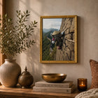 Gold-framed original aluminium artwork of cartoon character climbing stone wall with mountainous backdrop China Great Wall of Kweam