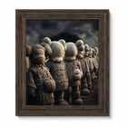 A framed original aluminium artwork titled china terracotta kweam featuring gray kaws-style figures with x’d eyes and textured armor