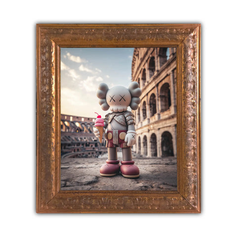 A framed artwork featuring a kaws-style cartoon character in gray and pink armor holding an ice cream cone, set against the backdrop of the colosseum.