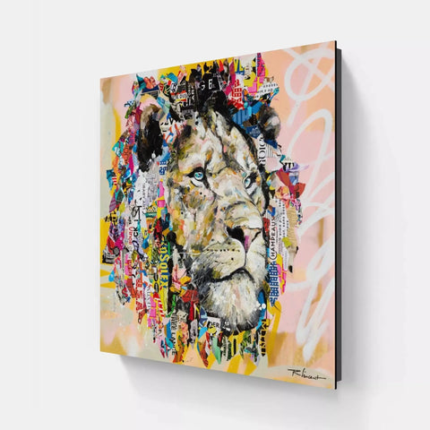 A painting of a lion with colorful paint and a white background