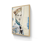 A framed mixed-media portrait featuring a man in a collage of newspaper clippings and map fragments, encased in a light wood frame.