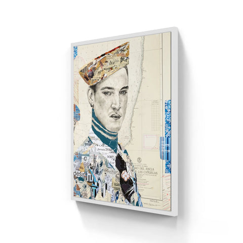 A framed mixed-media portrait featuring a man in a collage of newspaper clippings and architectural blueprints, encased in a sleek white frame.